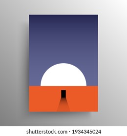 Diseño artístico plano abstracto minimalista para la cubierta y la decoración de afiches o paredes, ilustración vectorial. Amanecer en el planeta rojo con una misteriosa plaza negra en el horizonte para el diseño interior.