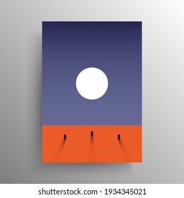 Minimalist abstract flat design for cover and poster or wall decoration, vector illustration. Sun in the sky of the red planet with mysterious black squares on the horizon for interior design.
