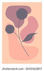Minimalist abstract floral art with soft pink and peach tones, featuring two fluffy round flowers and a single stylized leaf