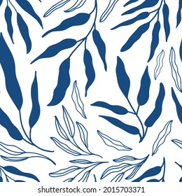 Minimalist abstract floral seamless pattern with blue branch and leaves on white background. Simple vector backdrop. Modern trendy artistic texture