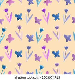 Minimalist Abstract Floral Seamless Pattern in Pastel Blue and Purple