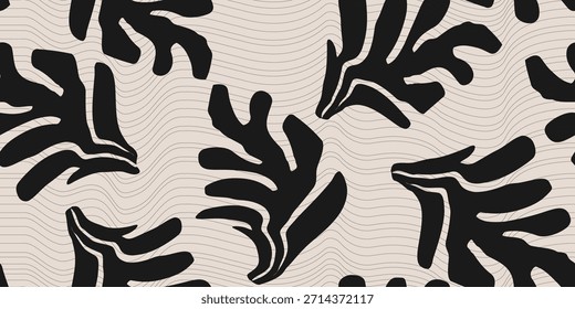 Minimalist abstract floral seamless pattern. Beautiful black and white botanical illustration with subtle line texture