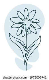 Minimalist abstract flower drawing in continuous line art. Outline of flora with stem and leaves. Nature and ecological romantic botany. Emblem or label, isolated color icon. Vector in flat style