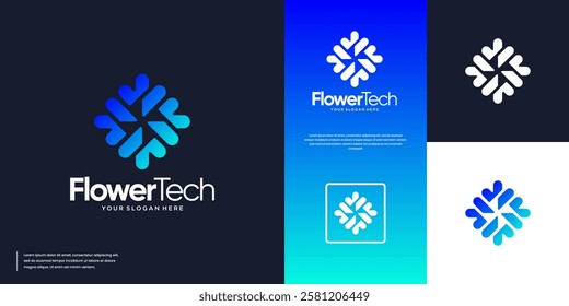 minimalist abstract flower logo, digital symbol of technology, science, graphic design template.