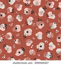 Minimalist abstract flowers and geometric shapes in terracotta colors seamless pattern. Modern design for paper, cover, fabric, interior decor and others.