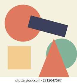 A minimalist abstract geometric composition with Swiss design influences featuring various colorful shapes on a pale background illustration