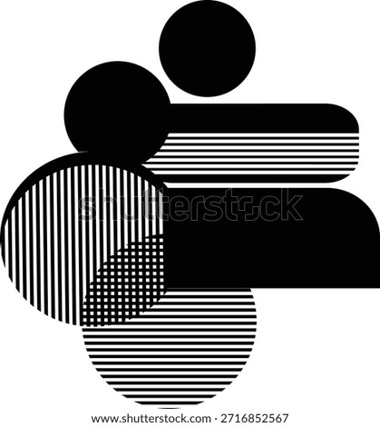 A minimalist abstract geometric design in black and white. The composition consists of several overlapping shapes, primarily circles and rounded rectangles, layered to form a cohesive structure. Each shape section is filled with a distinct pattern, including solid black, vertical stripes, horizontal stripes, and a small grid pattern. This interplay of contrasting textures and forms creates a dynamic visual effect, reminiscent of modern graphic design or Bauhaus art principles. The stark color palette emphasizes form and composition over detail, resulting in a clean and contemporary aesthetic.