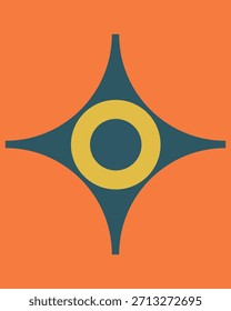 Diseño geométrico abstracto minimalista con una forma de estrella estilizada de color verde azulado oscuro con un anillo amarillo vibrante, todo sobre un fondo naranja audaz.