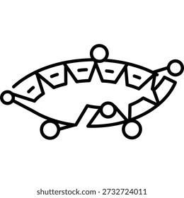 A minimalist, abstract geometric design featuring a central star-like shape enclosed by an oval outline. The design is rendered in a simple black line art style on a clean white background. Several small circles are connected to the main shape by thin lines, suggesting a network or interconnected system. The overall impression is modern and symbolic, suitable for concepts related to technology, data, or abstract ideas.