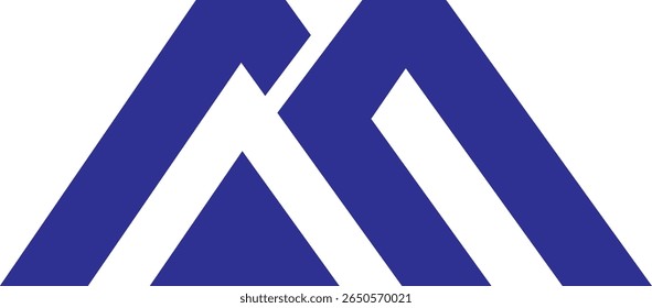 Um logotipo geométrico abstrato minimalista em azul profundo sobre um fundo branco. O design apresenta ângulos agudos e uma sensação de movimento para cima, assemelhando-se a uma montanha estilizada ou a letra 'M'.