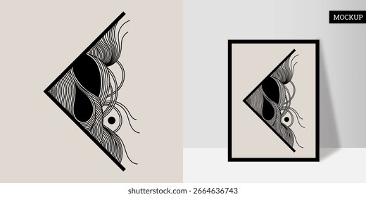 Vetor geométrico abstrato minimalista com linhas pretas em fundo bege. Arte de parede moderna, curvas elegantes e formas para decoração de interiores, design de cartaz, impressão ou uso digital.