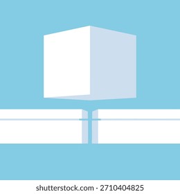 Una Ilustración vectorial geométrica abstracta minimalista con un cubo blanco flotante y barras sobre un fondo azul claro, aislado sobre fondo blanco.