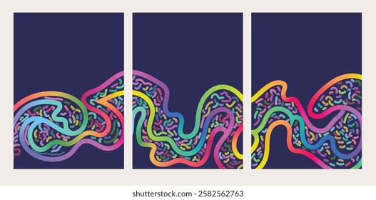 Minimalist Abstract Gradient Line Backgrounds. Abstract Gradient hand drawn Lines Set. Curved Rainbow Gradient Shapes with blank area for copy space paper size vector illustration