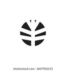 A minimalist, abstract graphic design featuring a stylized leaf or tree branch within a circle.