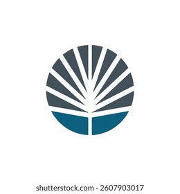 A minimalist, abstract graphic design featuring a stylized leaf or tree branch within a circle