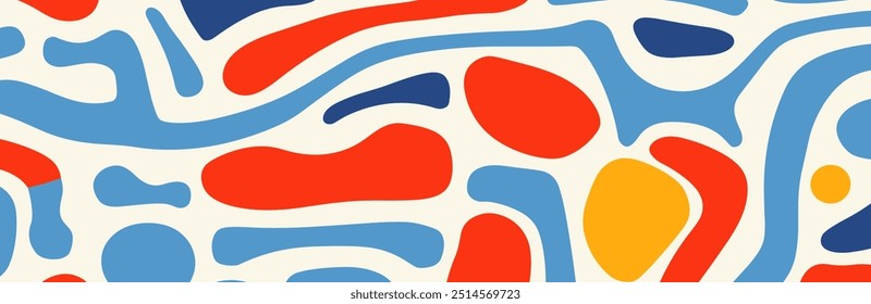 Minimalistischer abstrakter grafischer Doodle-Banner mit einfachen geometrischen Formen und Linien im primitiven Stil, perfekt für sauberen modernen Hintergrund, der Fluidität, künstlerische Komposition und Kreativität betont