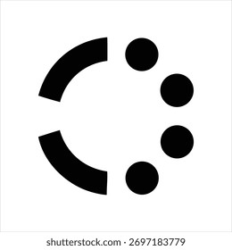 Eine minimalistische abstrakte Grafik mit einem gebrochenen Kreis, der aus zwei Bögen und fünf umgebenden Punkten besteht.