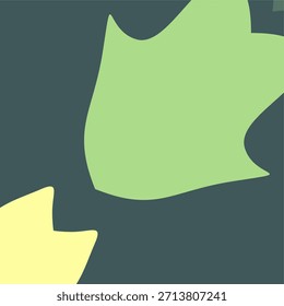 Un gráfico abstracto minimalista con Formas planas y orgánicas en verde claro y amarillo pálido sobre un fondo verde azulado oscuro, que se asemeja a hojas estilizadas o Arte vectorial moderno.