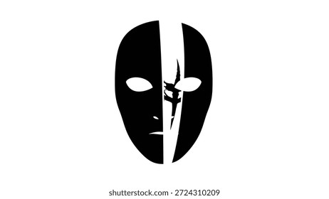 Un gráfico minimalista y abstracto que representa una máscara dividida. La máscara negra se divide verticalmente, revelando un interior blanco, simbolizando la dualidad o identidad oculta.