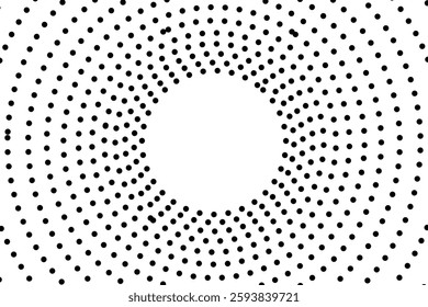 Minimalist abstract halftone dot pattern forming a circular vortex. Perfect for modern backgrounds, digital art, optical illusions, futuristic design, and creative graphic projects.