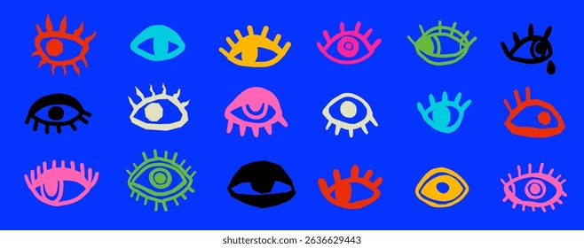 Minimalista abstracto dibujado a mano ojo doodle sketch set tendencia silueta cortada figurina. Ilustración vectorial retro mística.