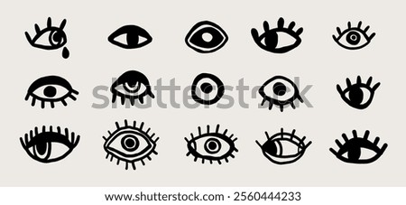 Minimalist abstract hand drawn eye doodle sketch set trend silhouette cut out figurine.