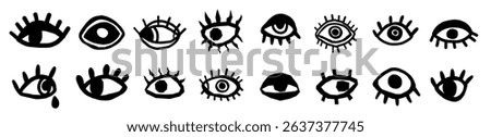 Minimalist abstract hand drawn eye doodle sketch set trend silhouette cut out figurine. Mystic retro vector illustration