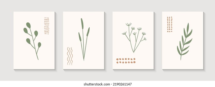 Afiches vectoriales abstractos minimalistas dibujados a mano. Pinturas murales naturales contemporáneas con plantas. Arte moderno