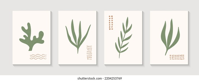 Minimalist abstract hand drawn vector posters. Contemporary natural wall art pictures with plants. Modern art
