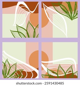 Minimalist abstract hand drawn vector background. Contemporary natural wall art with natural plants. Can be use for wall decoration, postcard, poster, brochure, social media posts, mobile apps, banner