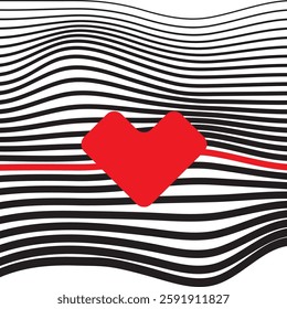 Minimalist Abstract Heart with Black Wavy Lines, Vector Illustration.Elegant Red Heart and Curved Black Lines, Modern Love Concept