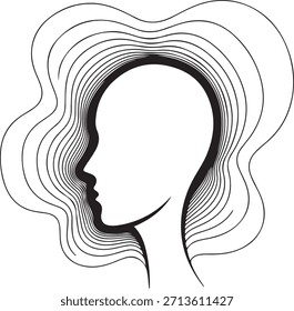 Cabeza humana Abstractas minimalista con líneas de contorno radiantes: mente conceptual, psicología e ícono de creatividad