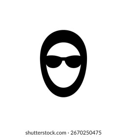 Minimalistische abstrakte Ikone mit einem schlichten Gesicht, das eine Sonnenbrille trägt, die in fetten schwarzen Linien dargestellt ist. Das Bild konzentriert sich auf eine saubere Form.
