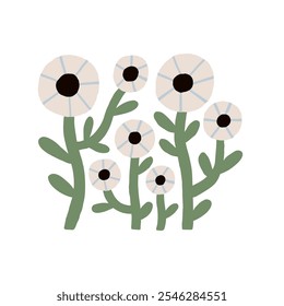 Minimalist abstract illustration of blooming flowers with green stems and white petals on a white background, conveying simplicity and elegance in floral art