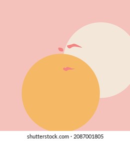 Minimalist abstract illustration of a facial silhouette (eyebrows, lips) with orange and white circles.