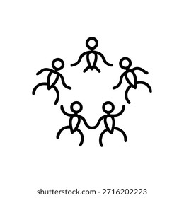 A minimalist, abstract illustration features five stick figures arranged in a circular formation. Each figure is depicted with a simple, line-art style, consisting of a circular head, a slender torso, and limbs that extend outwards. They are positioned to appear as if they are holding hands, creating a sense of unity and connection. The overall arrangement forms a star-like shape with five points, symbolizing teamwork, community, or a shared activity. The background is plain white, emphasizing the central figures.