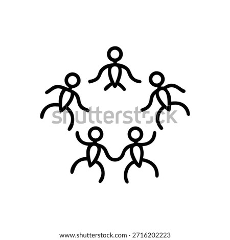 A minimalist, abstract illustration features five stick figures arranged in a circular formation. Each figure is depicted with a simple, line-art style, consisting of a circular head, a slender torso, and limbs that extend outwards. They are positioned to appear as if they are holding hands, creating a sense of unity and connection. The overall arrangement forms a star-like shape with five points, symbolizing teamwork, community, or a shared activity. The background is plain white, emphasizing the central figures.