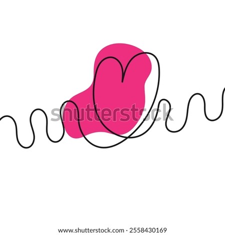 A minimalist abstract illustration featuring a continuous black line forming a heart shape over a pink blob on a white background.