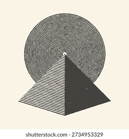 A minimalist abstract illustration featuring a geometric pyramid shape with a circular motif, rendered in a retro, textured style.