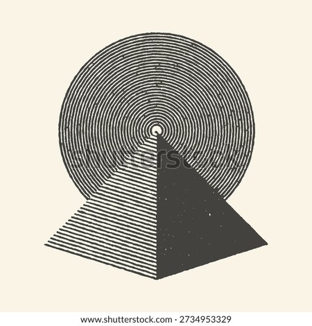 A minimalist abstract illustration featuring a geometric pyramid shape with a circular motif, rendered in a retro, textured style.