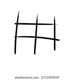 Una ilustración abstracta minimalista con un patrón de cuadrícula simple creado con gruesas líneas dibujadas a mano en negro sobre un fondo blanco prístino. Las líneas, que recuerdan a las pinceladas, forman una estructura similar a un tablero de tic-tac-toe, que consta de tres Verticales y dos líneas Horizontales que se cruzan. Los bordes ásperos y no uniformes de las líneas le dan a la Imagen una sensación orgánica y artística, que contrasta con la cruda simplicidad de la composición. La paleta en blanco y negro de alto contraste enfatiza la forma y estructura del patrón abstracto.