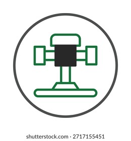 A minimalist abstract illustration featuring a stylized mechanism or piece of equipment inside a circle. The green and black design uses simple shapes to communicate a technical or industrial