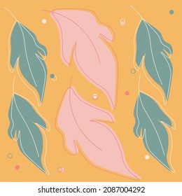  Ilustración abstracta minimalista de un patrón impecable con hojas rosadas y verdes sobre un fondo naranja.