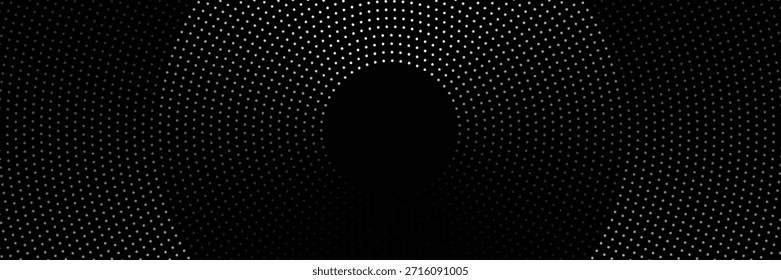 Imagen abstracta minimalista con círculos concéntricos punteados en tonos de gris sobre un fondo claro, creando un patrón circular moderno e inspirado en la tecnología.	
