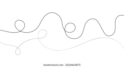 Uma imagem abstrata minimalista com várias linhas onduladas entrelaçadas em espessuras variadas e padrões tracejados.	