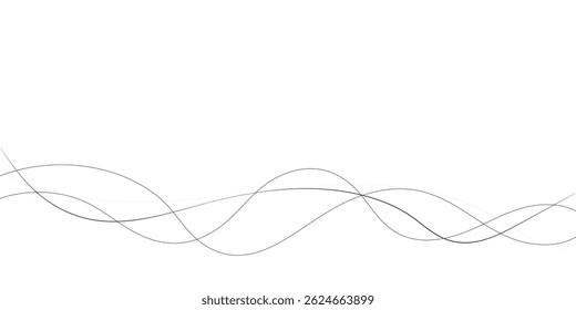 Uma imagem abstrata minimalista com várias linhas onduladas entrelaçadas em espessuras variadas e padrões tracejados.	