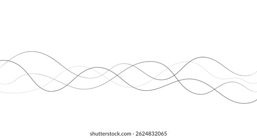 Uma imagem abstrata minimalista com várias linhas onduladas entrelaçadas em espessuras variadas e padrões tracejados.	