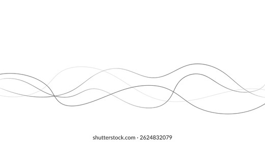 Uma imagem abstrata minimalista com várias linhas onduladas entrelaçadas em espessuras variadas e padrões tracejados.	