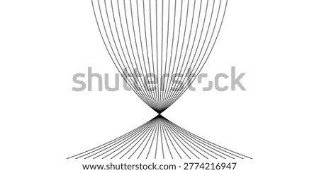 A minimalist abstract image featuring numerous thin, dark lines converging to a central point and then diverging again, creating a symmetrical, hourglass-like shape against a clean white background.
