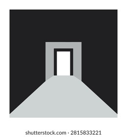 A minimalist abstract image of a white doorway leading to a grey hallway on a black background, evoking a sense of mystery and intrigue.